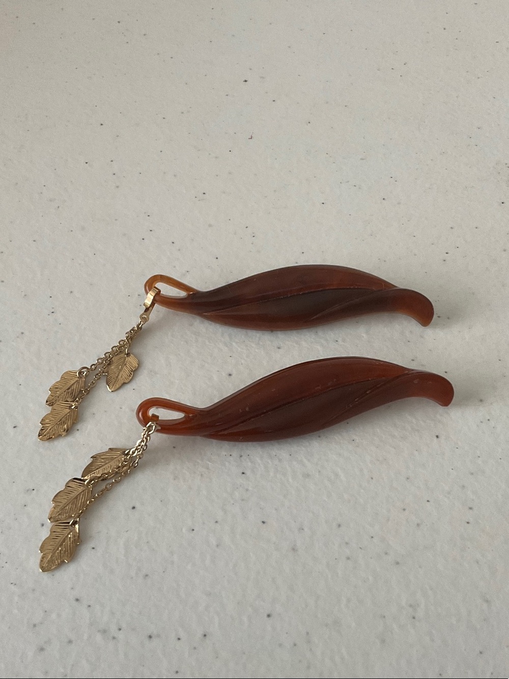 Vintage Avon Amber Brown Leaf Drop Earrings with Gold-Tone Leaf Chains
